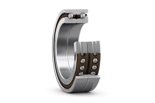 Double row angular contact ball bearing with brown cage and two ball rows on a white background.