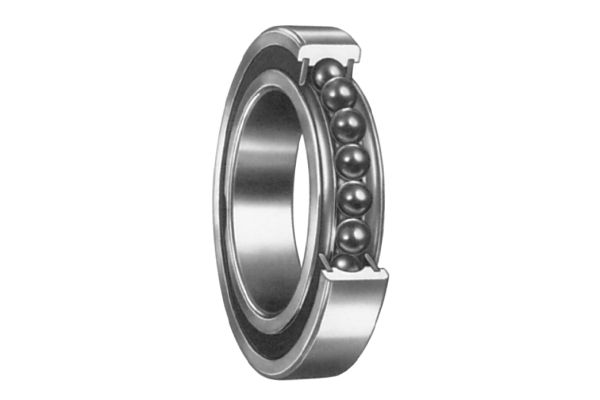 Single row angular contact ball bearing with ceramic ball elements on a white background.